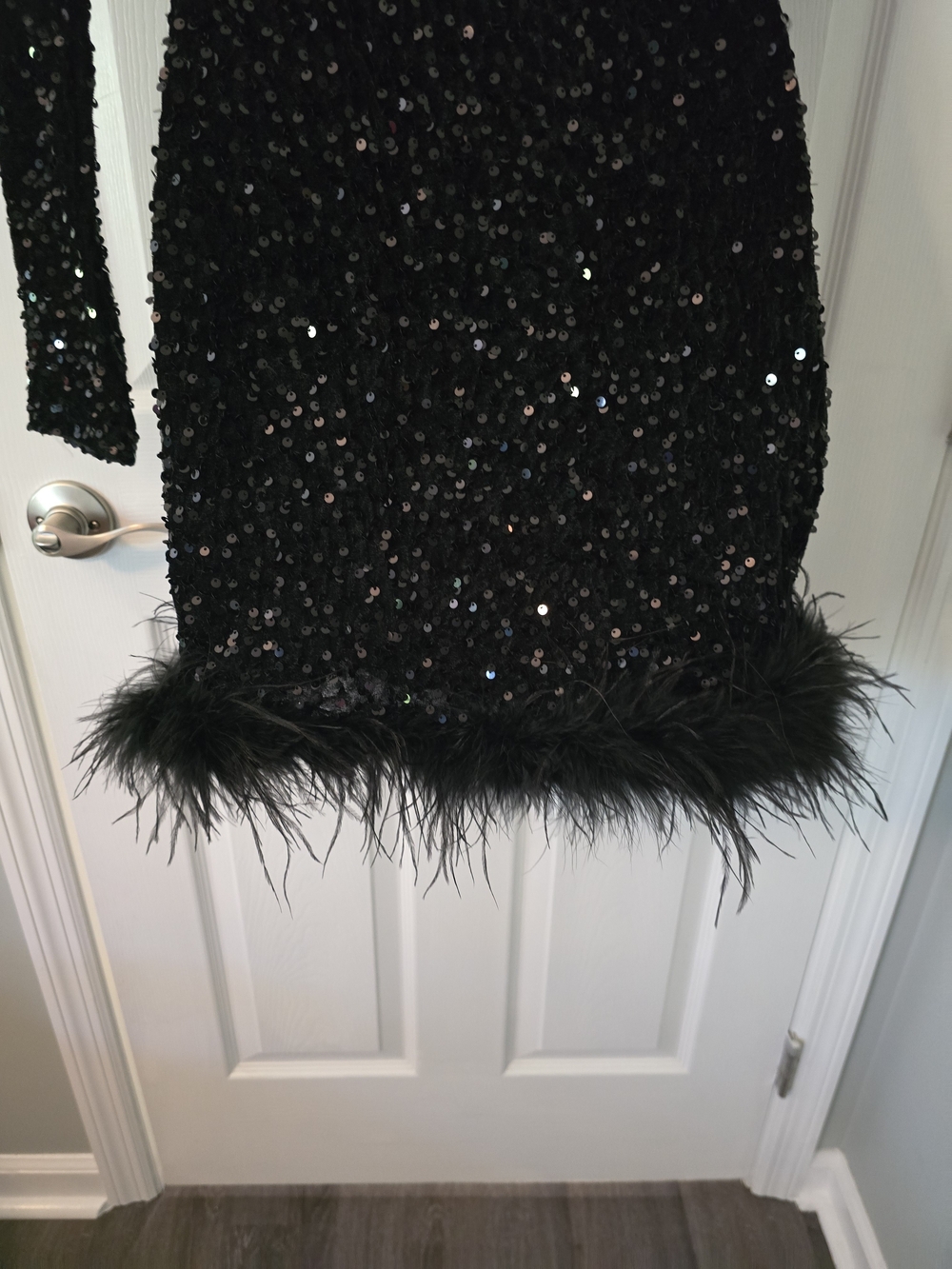 Fashion Nova Black One-Shoulder Sequin Mini Dress with Feather Trim - Picture 6 of 7